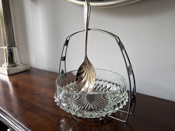 Vintage Cut Glass Serving Bowl with Decorative Stand & EPNS Spoon