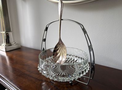 Vintage Cut Glass Serving Bowl with Decorative Stand & EPNS Spoon