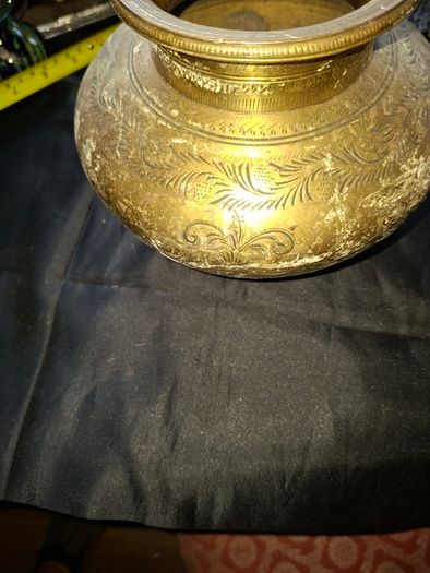 Antique Brass Lota Holy Water Pot, features intricate hand-etched foliage engravings, Postage Available or Collection