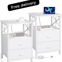 Bedside Table with Charging Station, Bedside Cabinet Set of 2,