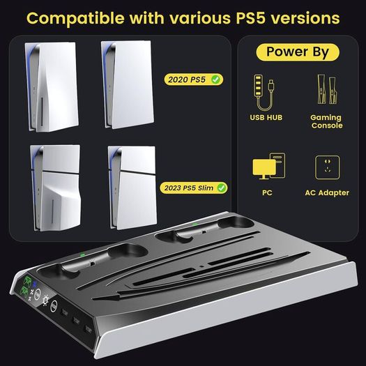 PS5/Slim/Pro Stand with Adjustable Cooling Fan, Vertical PS5 Cooling Charger Stand for PS5/Slim/Pro, Multifunctional PS5 Slim Cooling Station with Dual Controller Chargers and RGB Light