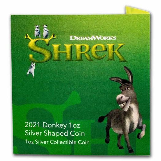 2021 Niue 1 oz Silver  Donkey Shaped Colorized Coin (Shrek). Proof.Mintage 1000