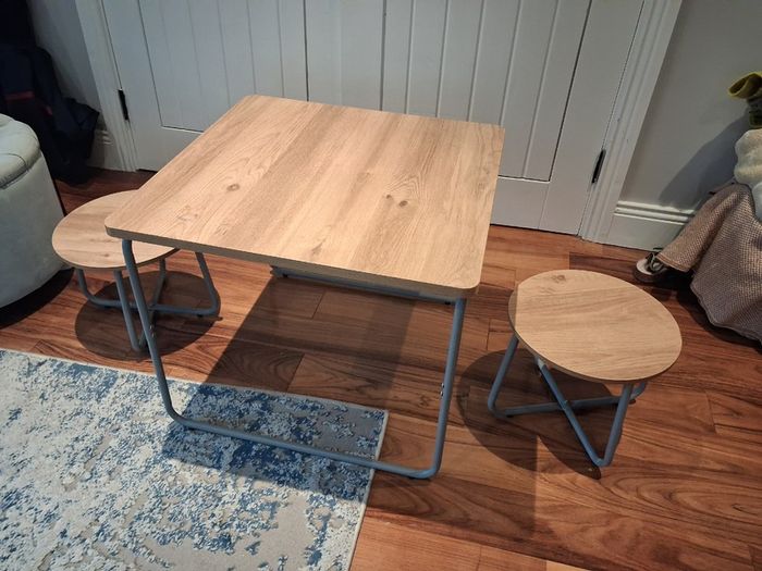 Childrens square table and two stools set