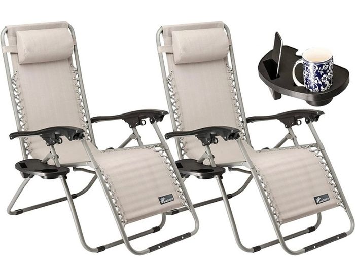 Set of 2 Sun Lounger Garden Chairs With Cup And Phone Holder - Deck Folding Recliner Zero Gravity Outdoor Chair MULTIPLE COLOURS AVAILABLE (FREE POSTAGE)