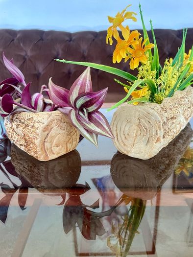 Vintage Set MCM Plant Pots x 2 Bark Pattern Stoneware Succulent Bonsai Planter 1950s