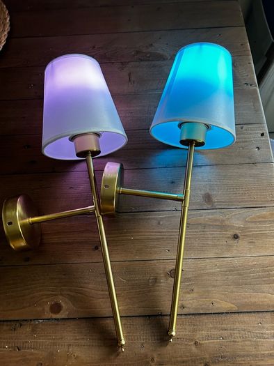 2 Brass Wall Lamps with Colour-Changing Rechargeable Bulbs (No Wiring Needed)
