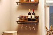 Wall Mounted Wine Rack, Wine Glass Rack Set of 2, Wine Shelf Hanging Floating Shelves, Wine Bottle Glass Rack Stemware Holder, for Living Room, Kitchen, Rustic Brown and Black