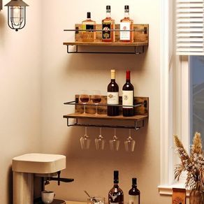 Wall Mounted Wine Rack, Wine Glass Rack Set of 2, Wine Shelf Hanging Floating Shelves, Wine Bottle Glass Rack Stemware Holder, for Living Room, Kitchen, Rustic Brown and Black