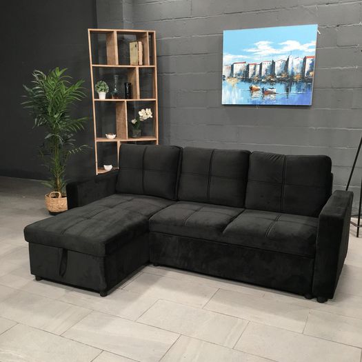 Black Velvet corner sofa bed with storage