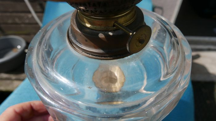Vintage Victorian oil lamp CAST IRON BASE with Bristol  bowl