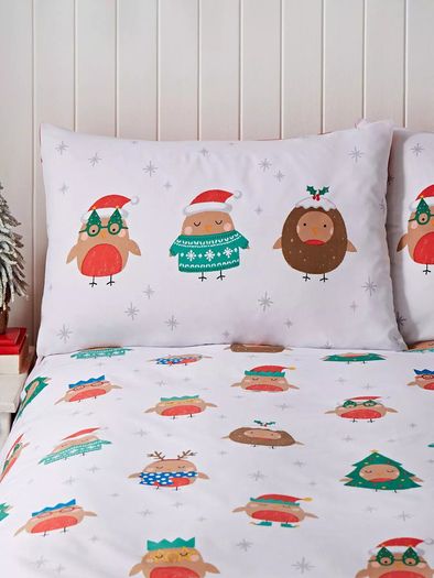 Catherine Lansfield Christmas Robins Christmas Duvet Set - King Size Reversible