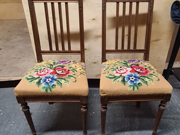 Pair of Vintage Wooden Dining Chairs with Tapestry Upholstery