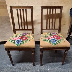 Pair of Vintage Wooden Dining Chairs with Tapestry Upholstery