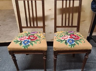 Pair of Vintage Wooden Dining Chairs with Tapestry Upholstery