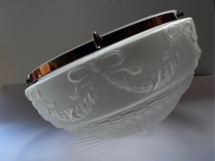 Vintage Art Deco Fluted White Opaque Glass and Copper Ceiling Light