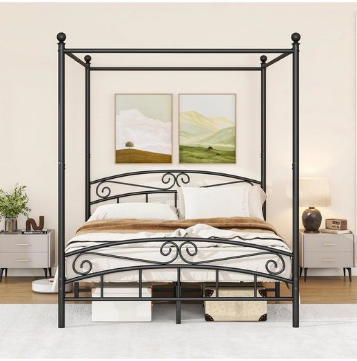 Canopy Bed Frame King Size with Ornate European Style Headboard & Footboard