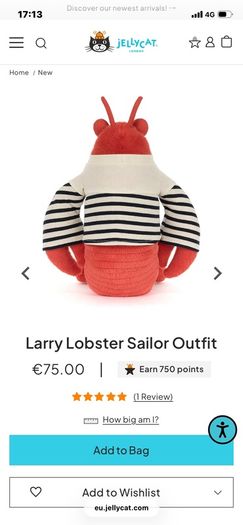 New JELLYCAT Larry Lobster Sailor Outfit