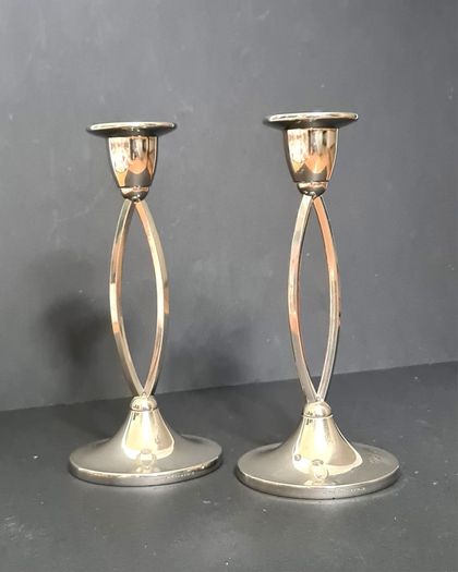 Vintage Ianthe Silver Plated Candlesticks - Pair of Mid-Century Open Loop Candle Holders (England)
