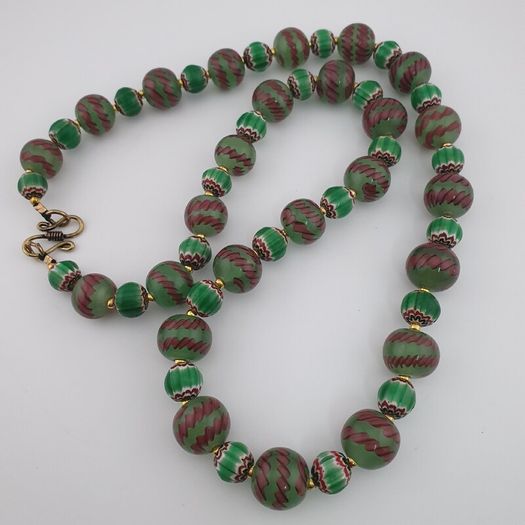 Antique Venetian Style Stripe & Chevron Glass Beads Necklace
