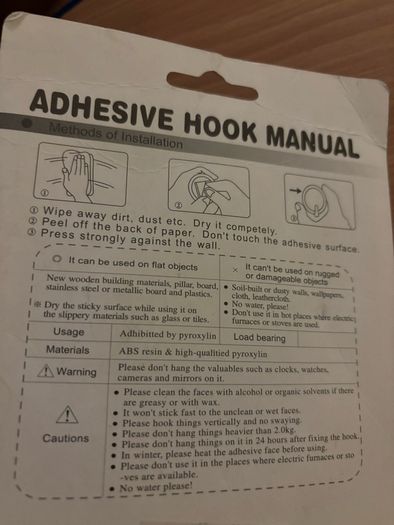 Hook with self adhesive holds 2kg