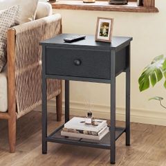 Bedside Tables Set of 2, Side Tables with Fabric Drawers  Coffee Table with Storage Shelf, Sofa Table, Nightstand with Metal Frame for Bedroom, Living Room, Black