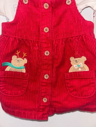 Adorable M&S Baby Christmas 2-piece set, 0-3 months. Teddy print long sleeve top + red corduroy pinafore.