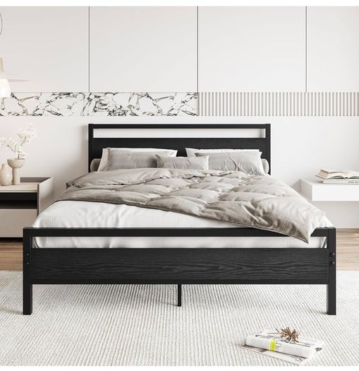 King Size Bed Frame with Wood Headboard,Heavy Duty Metal Platform Bed
