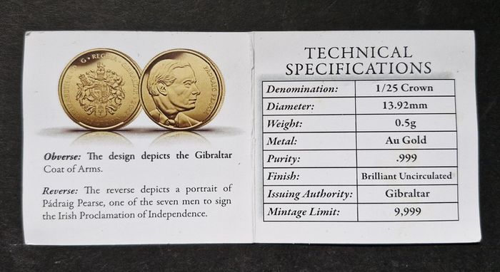 Gibraltar 1/25 Crown 2022 Padraig Pearse 0.5 Gram .999 Gold coin