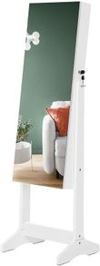 _Freestanding Jewelry Cabinet, Jewelry Organizer with 2 Removable Cosmetic Organizers, Frameless Psyche Mirror, with Lock and Keys, White