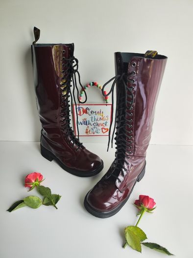 Dr Martens 1420 20 eye patent red burgundy knee high boots England UK7 EU41 US9