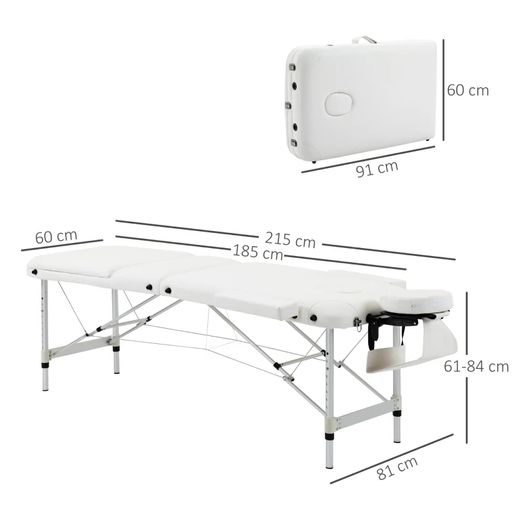 Mobile 3-Zone Folding Massage Table with Headrest Armrest Carry Bag Height-Adjustable Aluminum Portable Massage Bed incl. Accessories Massage Bench up to 225 kg Load White