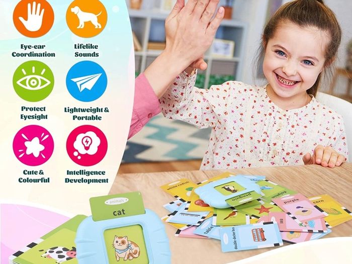 Talking Flash Cards Educational Toys for Toddlers 1-6 Years Old Preschool Learning Toys for Boys Girls 112 Pcs Double-Side Cards 224 Words Reading Toy for Kids Christmas Birthday (Blue/Pink)