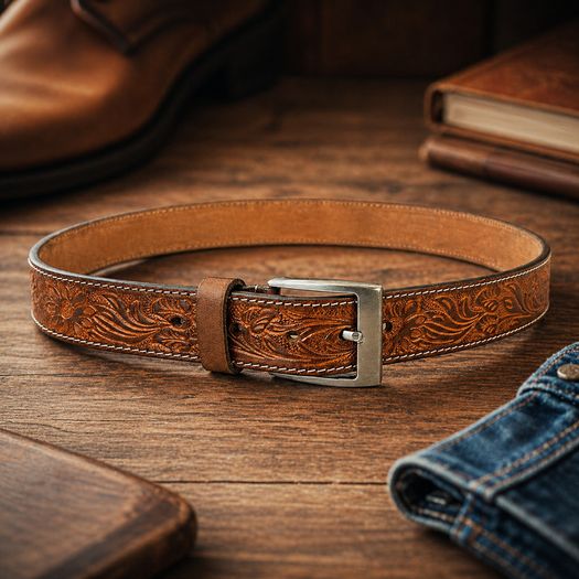 Unisex Genuine Leather Belt Vintage Embossed Design with Antique Buckle Casual & Formal Waist Belt