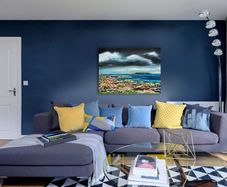 Lambay Island and Tower Bay Beach, Dublin. Large painting by Irish artist Helen Mathews