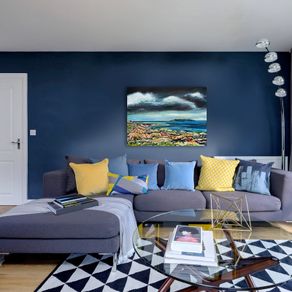 Lambay Island and Tower Bay Beach, Dublin. Large painting by Irish artist Helen Mathews