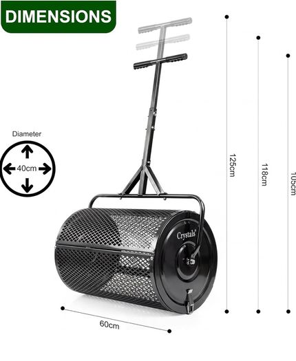 24" Compost Spreader Roller 70L Lawn Garden Spreader, Heavy Duty Steel Mesh Drum for Top Soil, Sand, Manure & Fertiliser, Compost Spreader for Lawn & Soil Spreader Tool
