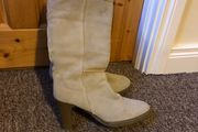 Cream/Beige Sheepskin Swede leather Knee High Heel Boots