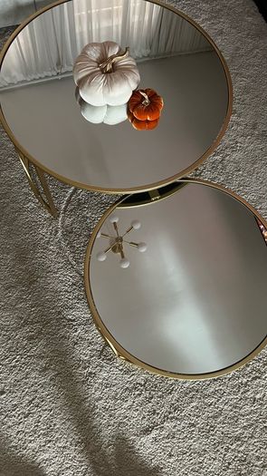 Round Coffee Tables Set of 2, Gold Nesting Tables with Mirror Top