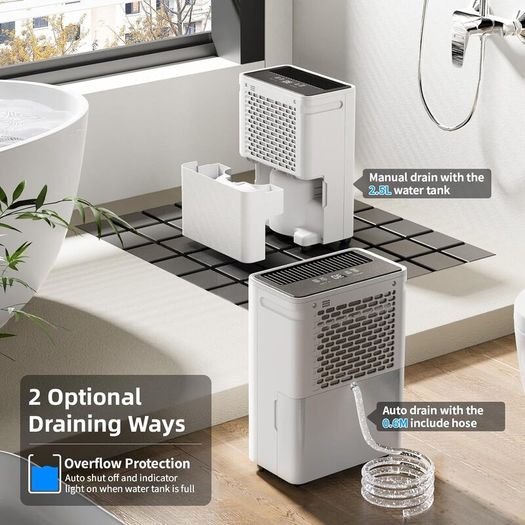 Dehumidifiers for Home, 12L/Day Dehumidifier for Bedroom with Automatic Humidity Sensor Auto Defrost 24H Timer, Continuous Drainage Ultra Quiet Dehumidifiers for Drying Clothes Damp