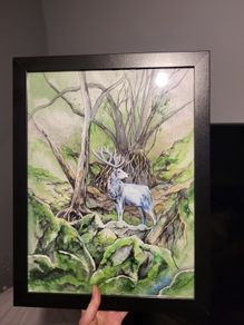 Watercolor painting with black frame. forest deer