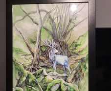 Watercolor painting with black frame. forest deer