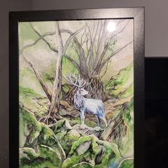 Watercolor painting with black frame. forest deer