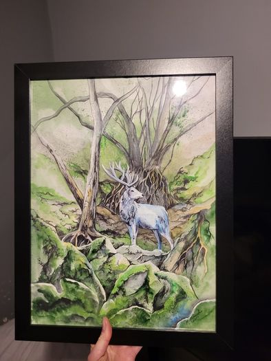 Watercolor painting with black frame. forest deer