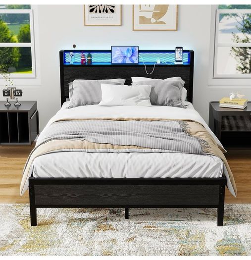 Double Bed Frame with LED Lights/Charging Station,4ft6 Metal Platform Bed Frame with Storage Headboard/Mattress Foundation/Metal Slat Support/No Box Spring Needed,Under-bed Storage,Black Bed