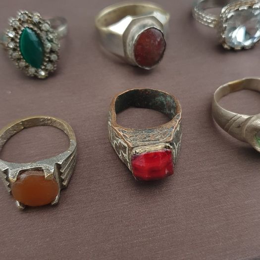 15 Antique Style Brass Rings Mixed Glass & Stone Ring Collection