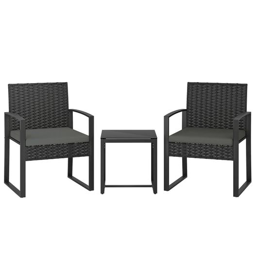 Rattan Bistro Set, 3-piece Garden Furniture Set with 2 Garden Chairs, Coffee Table, Removable Cushions Dark Gray