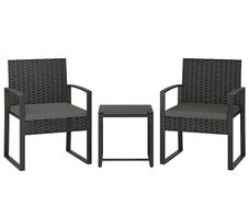 Rattan Bistro Set, 3-piece Garden Furniture Set with 2 Garden Chairs, Coffee Table, Removable Cushions Dark Gray