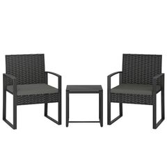 Rattan Bistro Set, 3-piece Garden Furniture Set with 2 Garden Chairs, Coffee Table, Removable Cushions Dark Gray