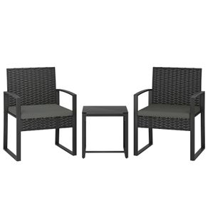 Rattan Bistro Set, 3-piece Garden Furniture Set with 2 Garden Chairs, Coffee Table, Removable Cushions Dark Gray