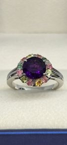 African Amethyst & Multi-Tourmaline Solitaire Ring in Rhodium Overlay Sterling Silver.